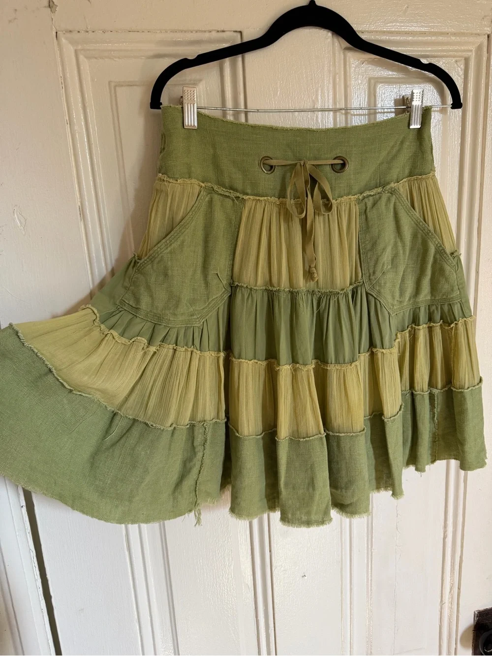 Y2K rare free people size small Women's Two-Tone Green Tiered Boho Skirt